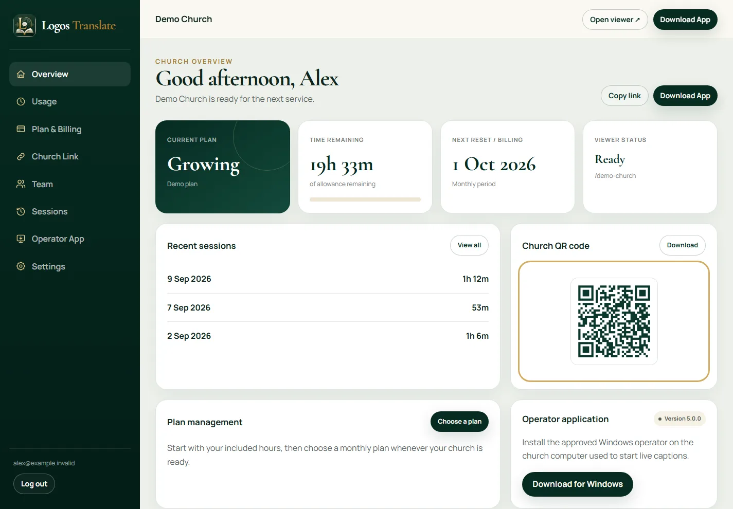 Version 5 Demo Church Dashboard with the QR code card highlighted, plus plan, remaining time, recent sessions and Operator download