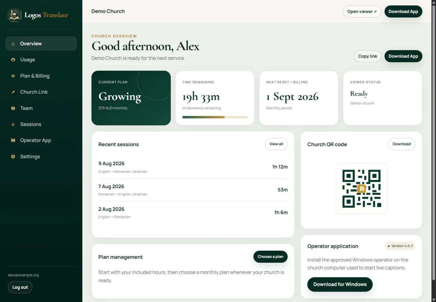 Real Logos Translate customer Church Dashboard