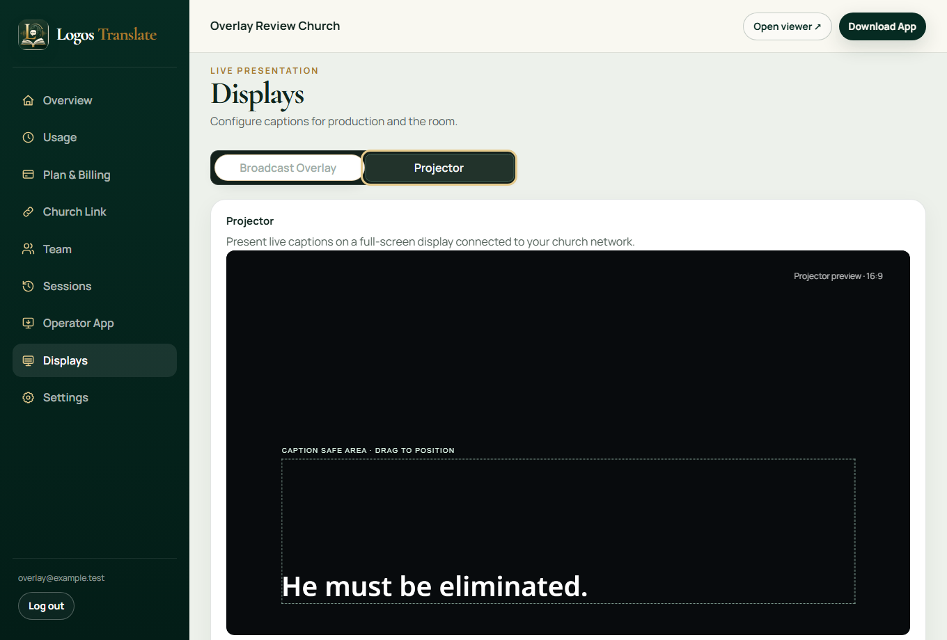 Demo Church Dashboard Projector tab and configuration preview