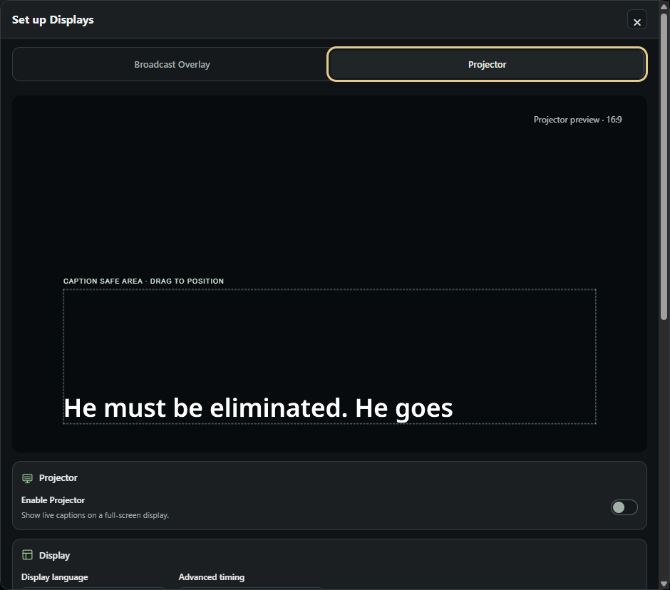 Actual Set up Displays modal with Projector tab highlighted