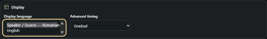Actual Projector Display language selector showing source and selected translation options