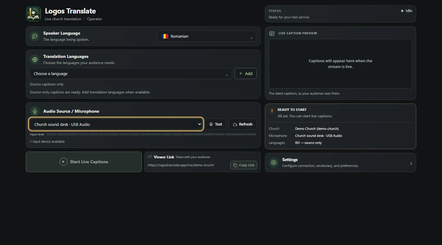 Version 5 Logos Translate Operator with the Audio Source / Microphone dropdown highlighted