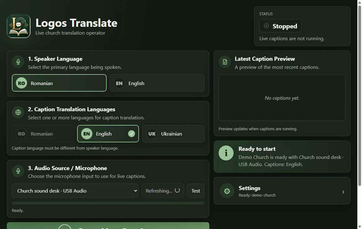 Logos Translate operator app ready to start a live service