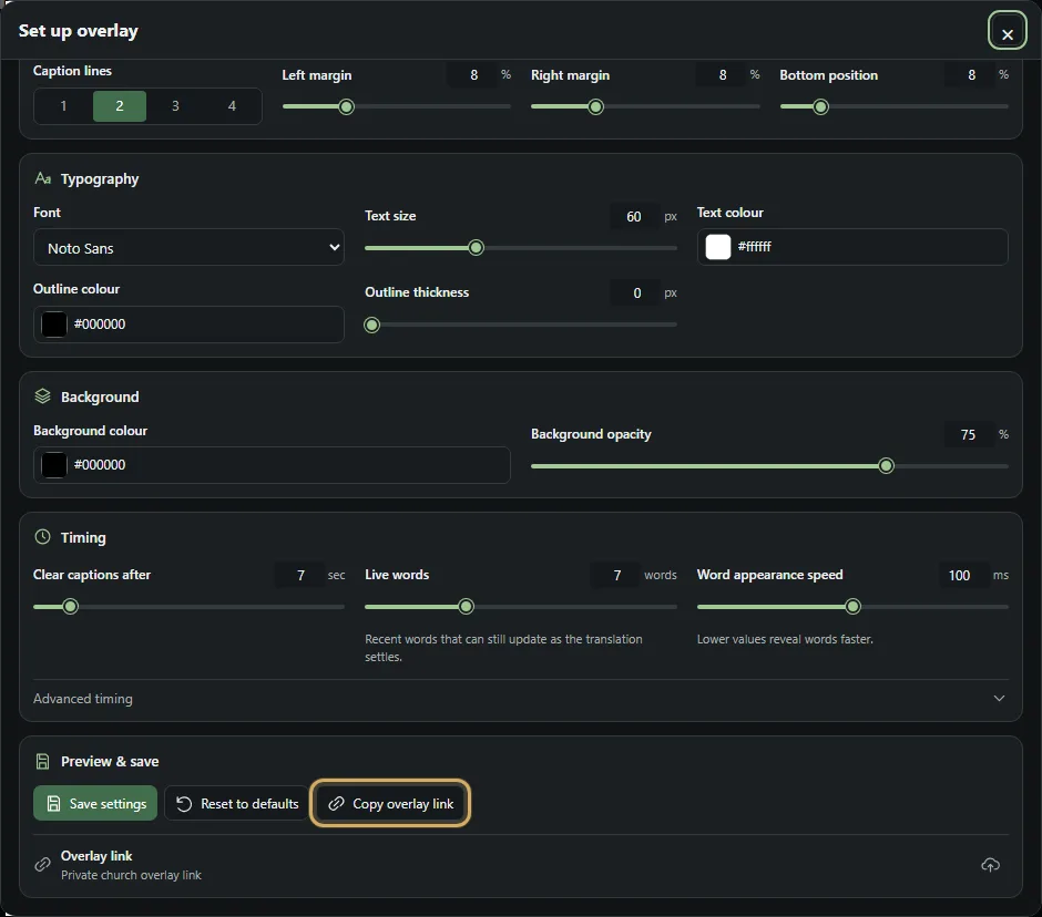 Version 5 Set up overlay editor with Copy overlay link highlighted and the private URL replaced by safe demo text
